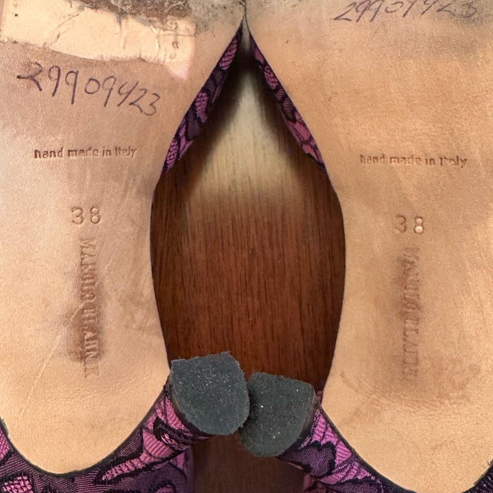 Manolo Blahnik Lace Open-Toe Heels | Purple & Black | Made in Italy | Size 38 - Picture 4 of 9